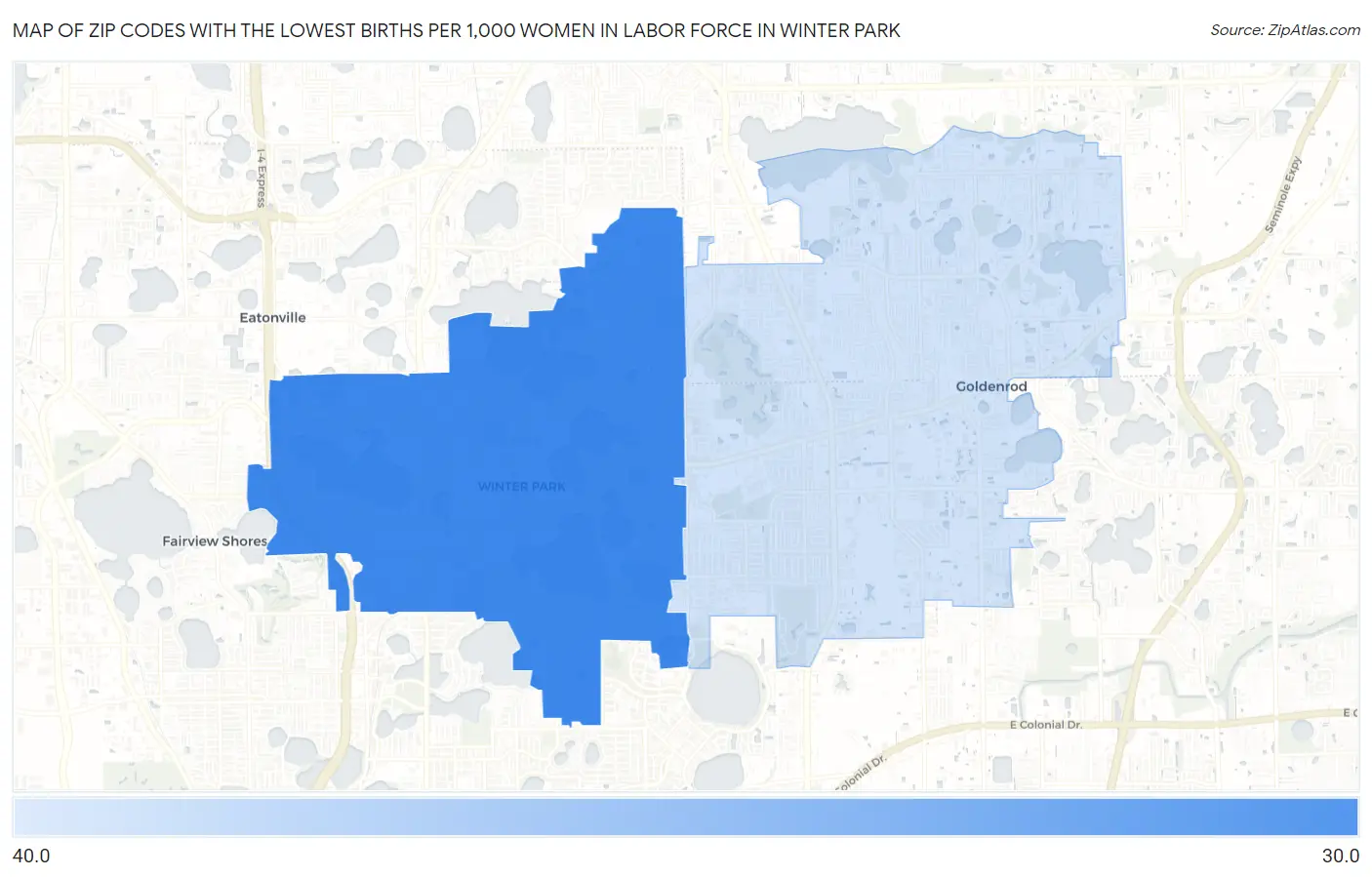 Zip Codes with the Lowest Births per 1,000 Women in Labor Force in Winter Park Map