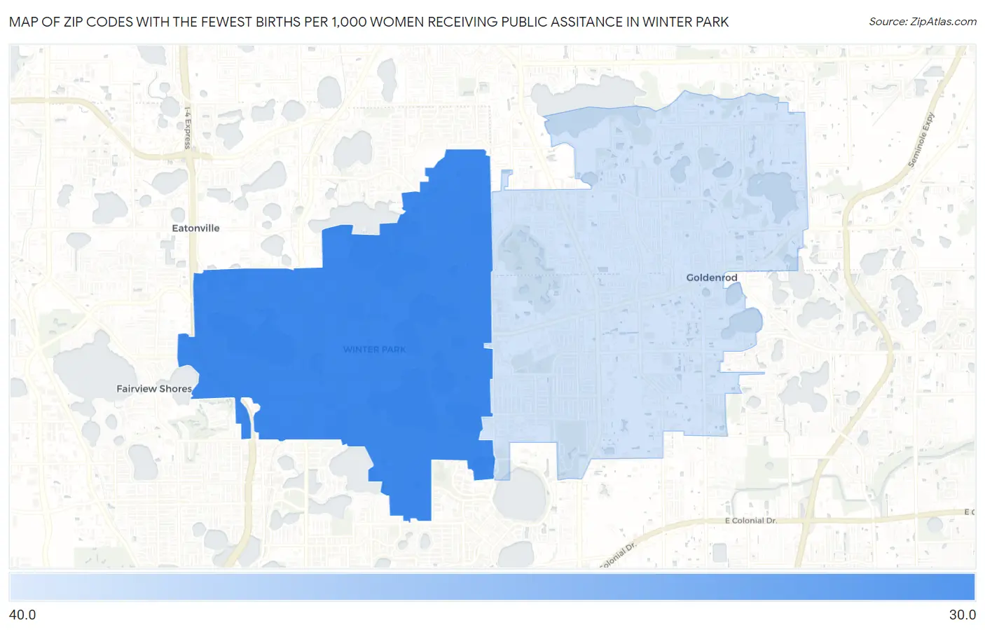 Zip Codes with the Fewest Births per 1,000 Women Receiving Public Assitance in Winter Park Map