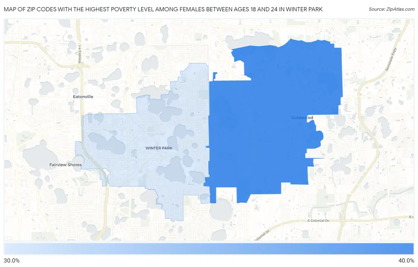 Zip Codes with the Highest Poverty Level Among Females Between Ages 18 and 24 in Winter Park Map