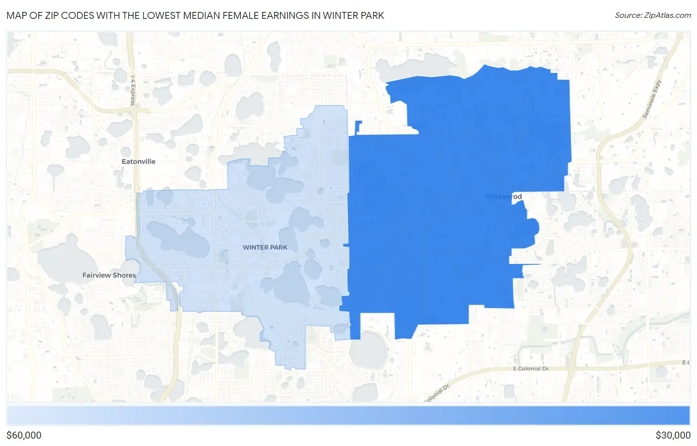 Zip Codes with the Lowest Median Female Earnings in Winter Park Map