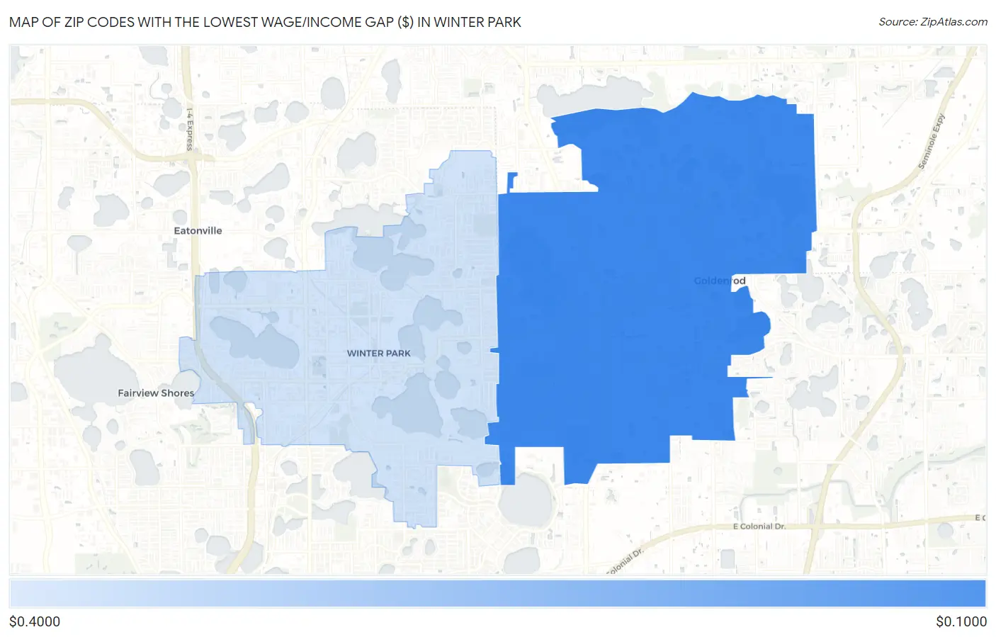 Zip Codes with the Lowest Wage/Income Gap ($) in Winter Park Map