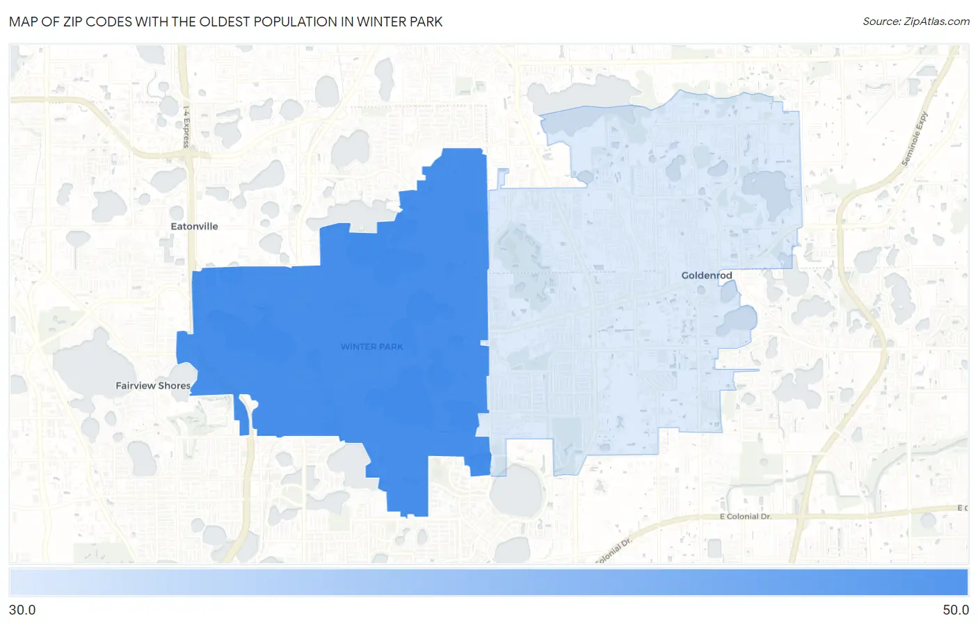 Zip Codes with the Oldest Population in Winter Park Map