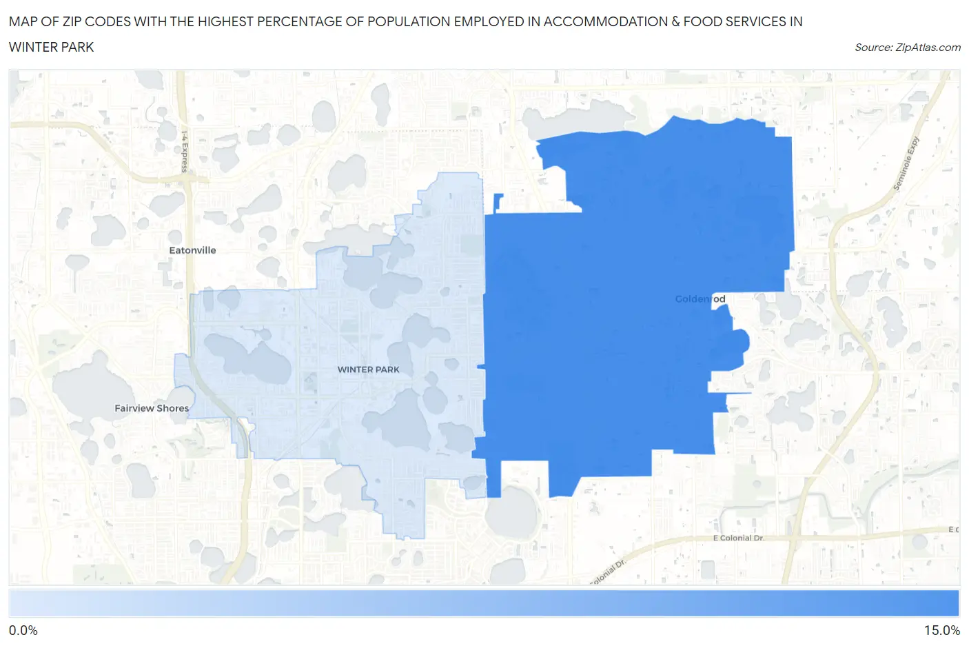 Zip Codes with the Highest Percentage of Population Employed in Accommodation & Food Services in Winter Park Map