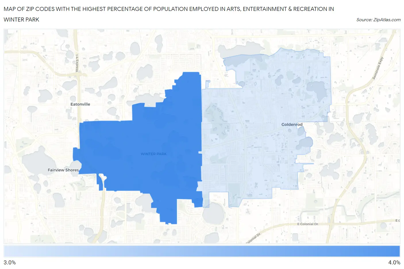 Zip Codes with the Highest Percentage of Population Employed in Arts, Entertainment & Recreation in Winter Park Map