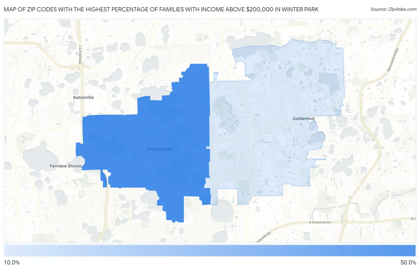 Zip Codes with the Highest Percentage of Families with Income Above $200,000 in Winter Park Map