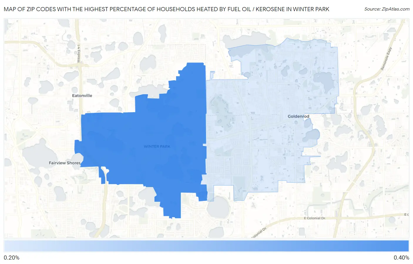 Zip Codes with the Highest Percentage of Households Heated by Fuel Oil / Kerosene in Winter Park Map