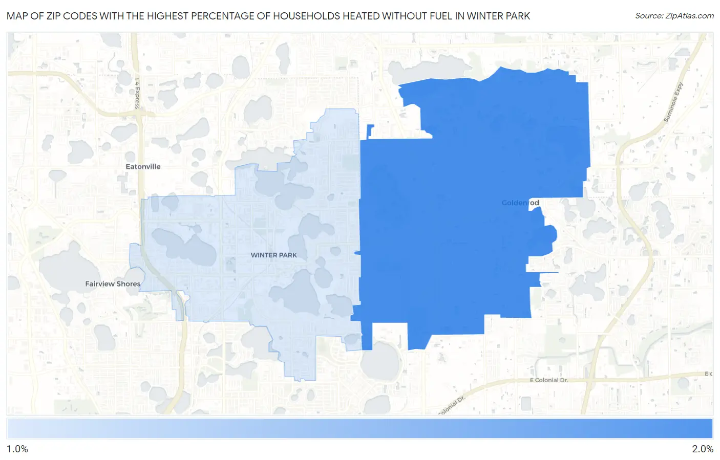 Zip Codes with the Highest Percentage of Households Heated without Fuel in Winter Park Map
