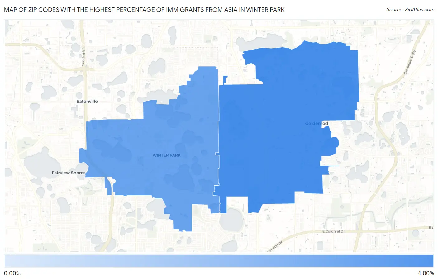 Zip Codes with the Highest Percentage of Immigrants from Asia in Winter Park Map