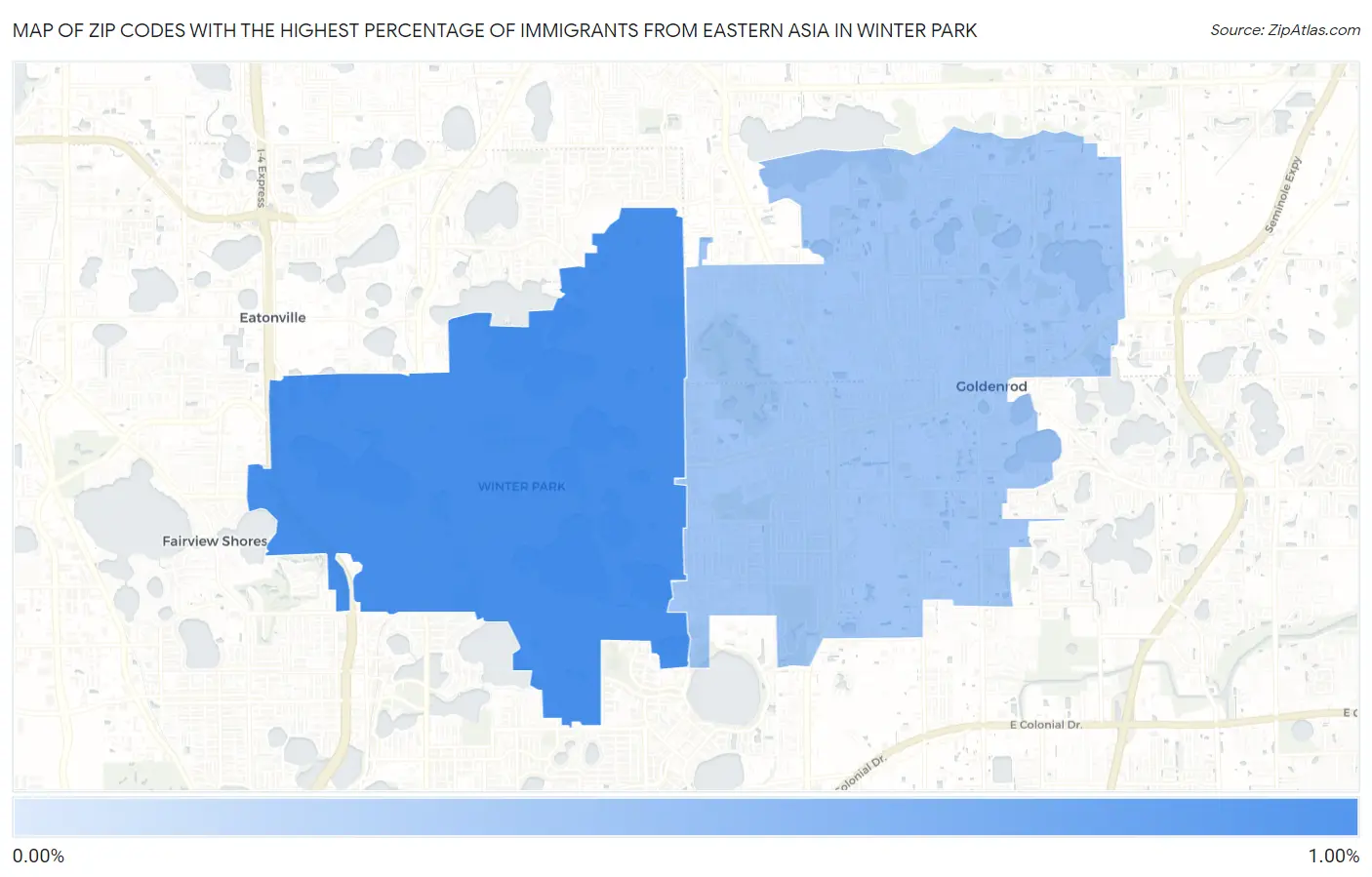 Zip Codes with the Highest Percentage of Immigrants from Eastern Asia in Winter Park Map