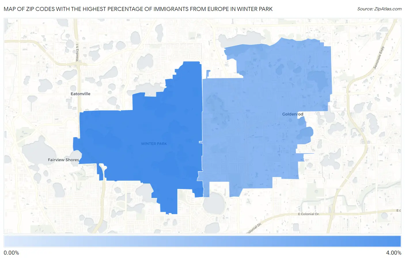 Zip Codes with the Highest Percentage of Immigrants from Europe in Winter Park Map