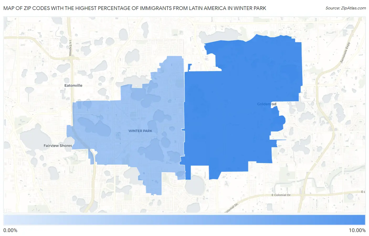 Zip Codes with the Highest Percentage of Immigrants from Latin America in Winter Park Map