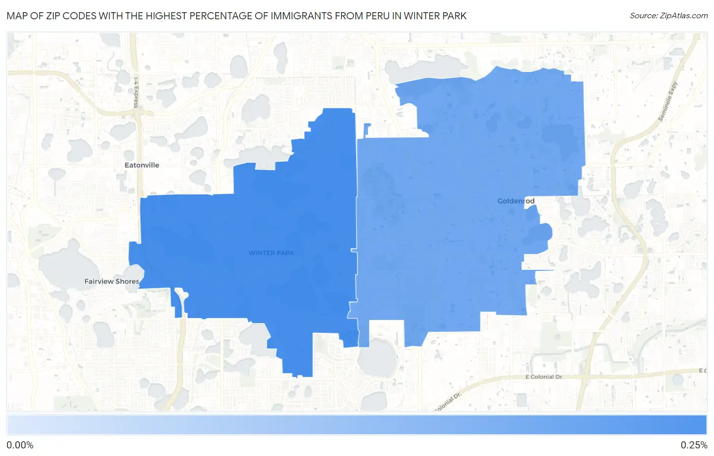 Zip Codes with the Highest Percentage of Immigrants from Peru in Winter Park Map