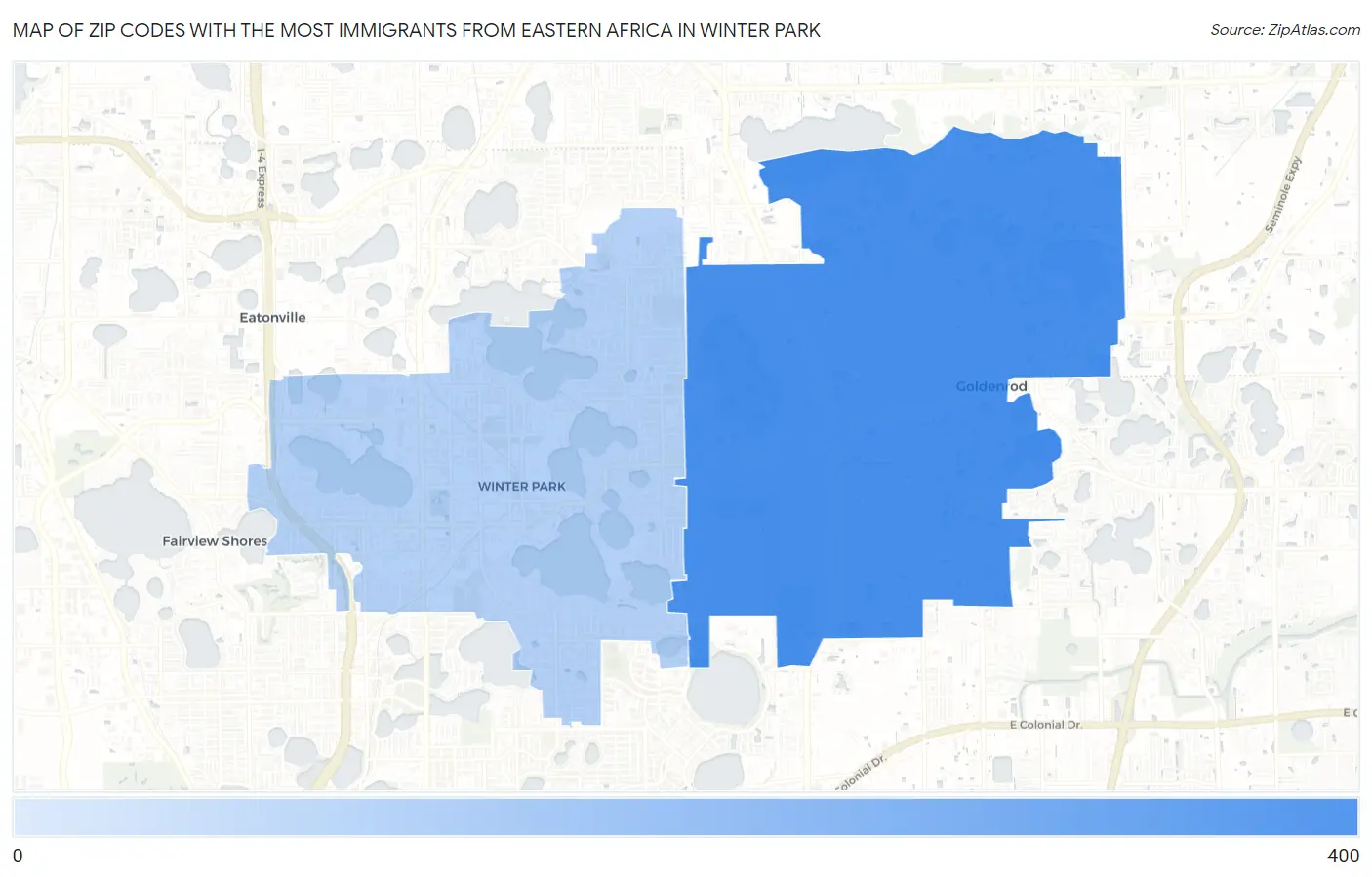 Zip Codes with the Most Immigrants from Eastern Africa in Winter Park Map