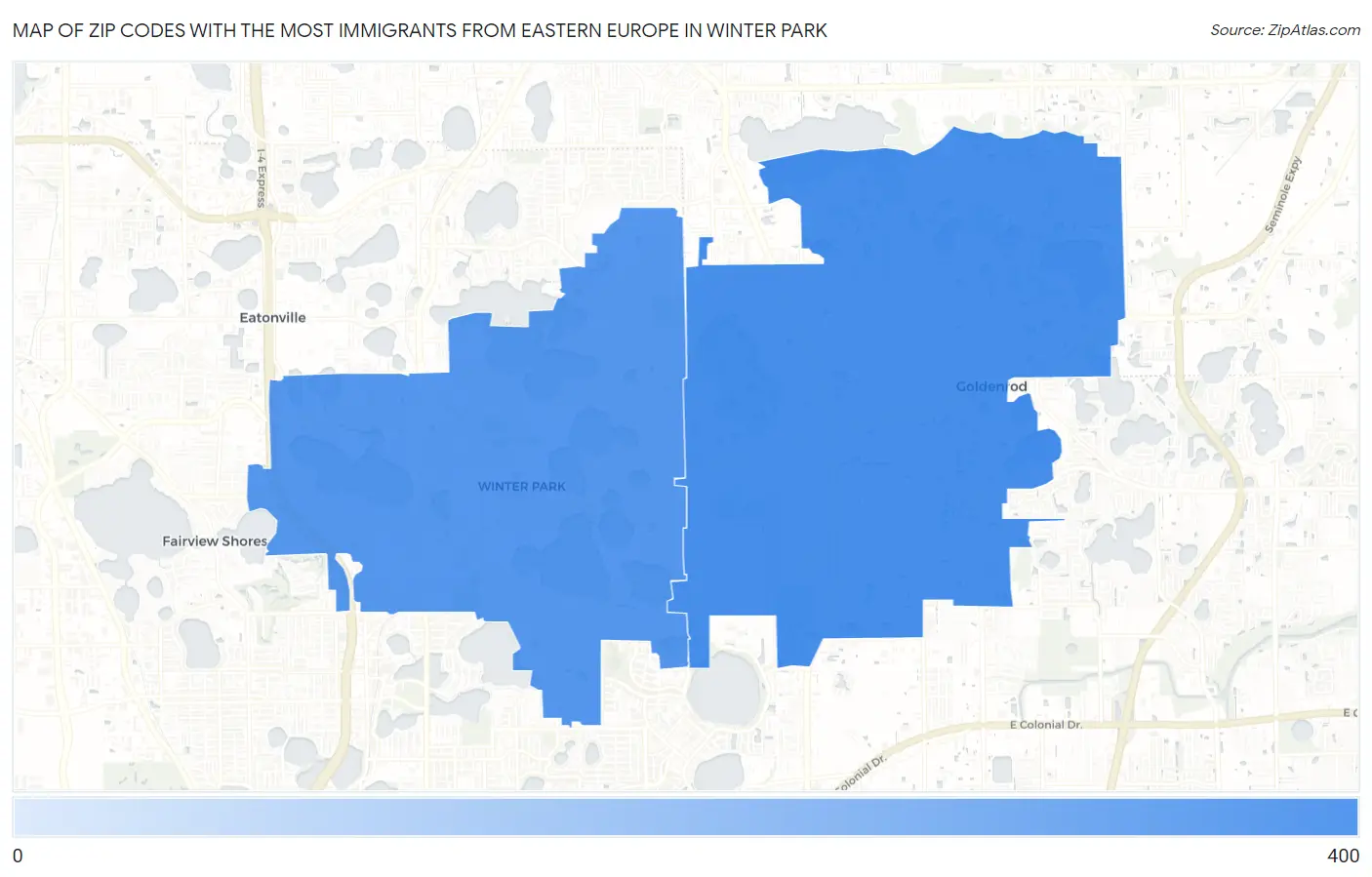 Zip Codes with the Most Immigrants from Eastern Europe in Winter Park Map