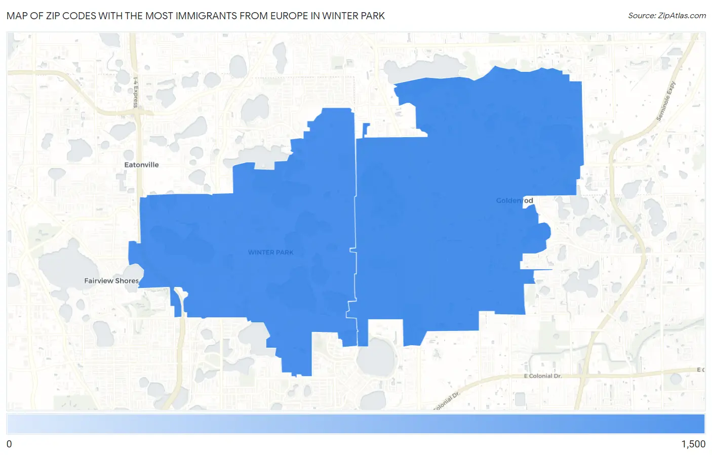 Zip Codes with the Most Immigrants from Europe in Winter Park Map
