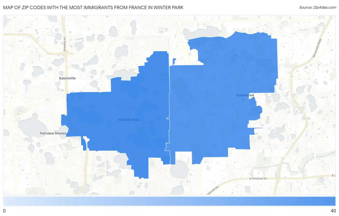 Zip Codes with the Most Immigrants from France in Winter Park Map