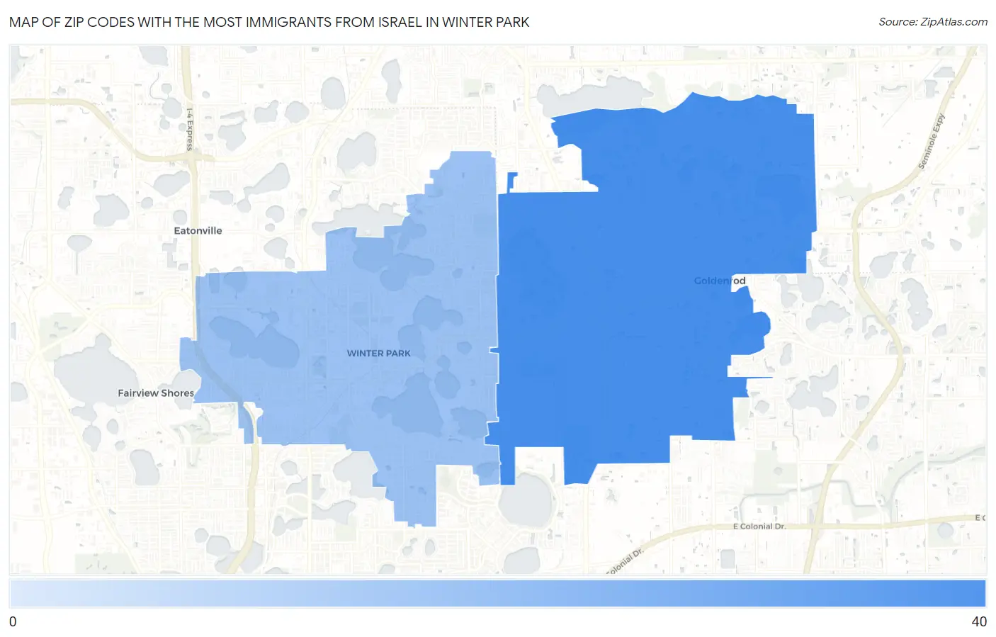 Zip Codes with the Most Immigrants from Israel in Winter Park Map