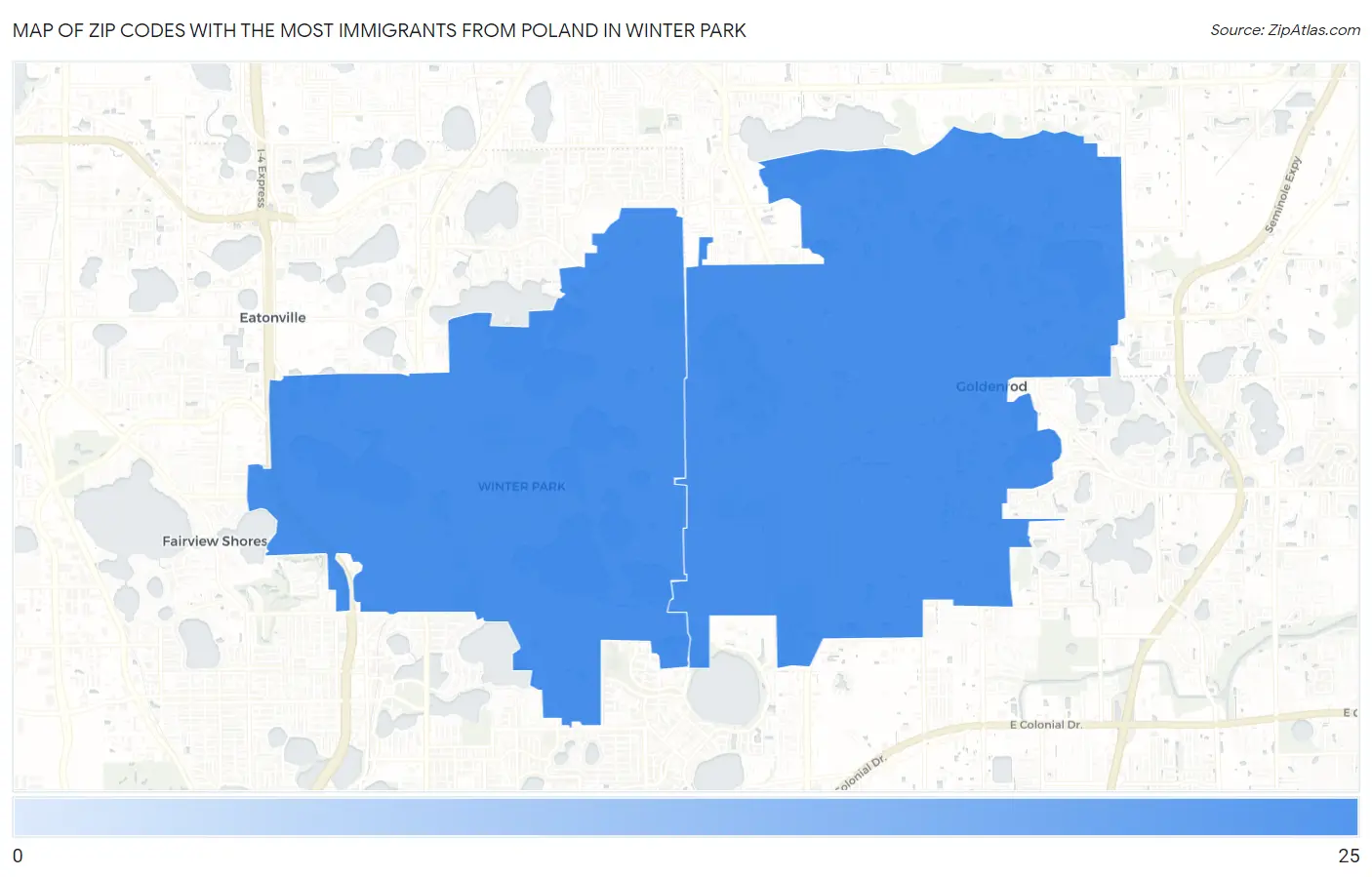 Zip Codes with the Most Immigrants from Poland in Winter Park Map