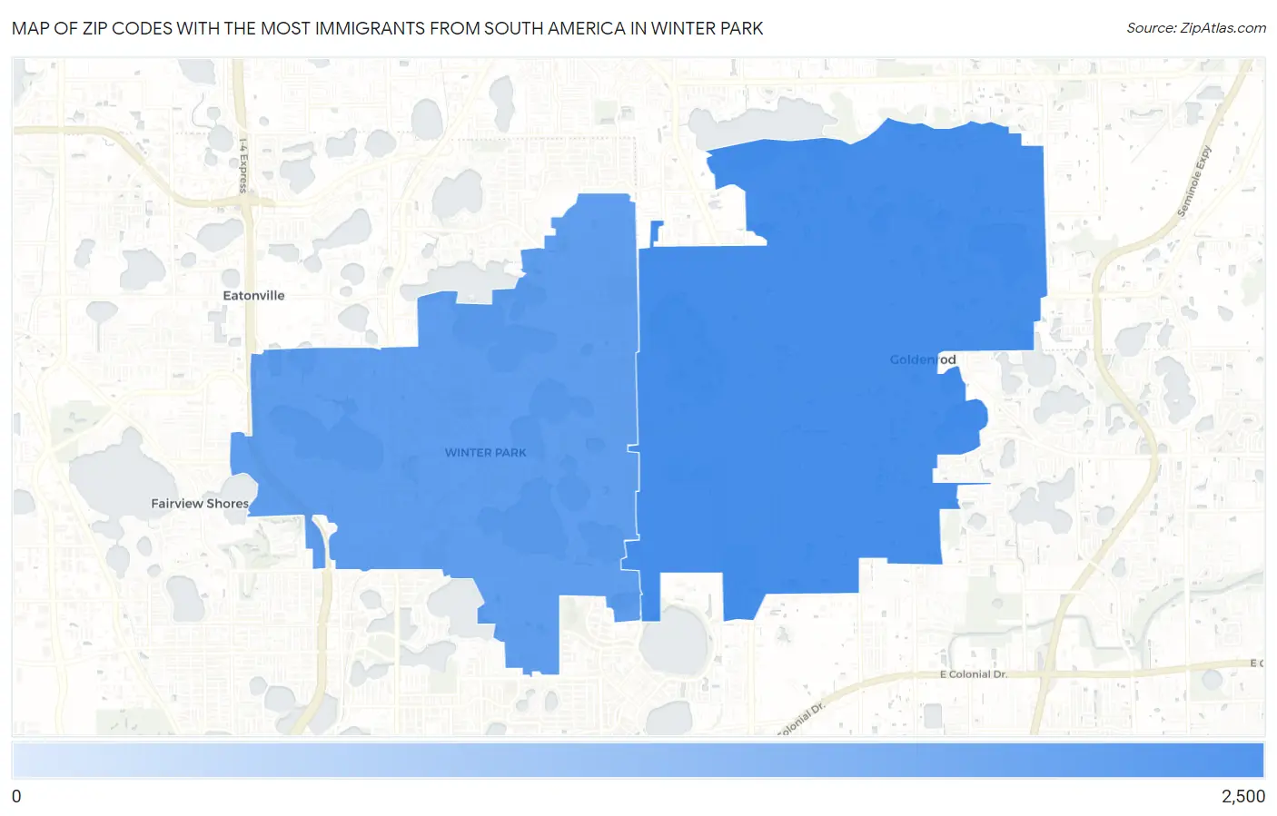 Zip Codes with the Most Immigrants from South America in Winter Park Map