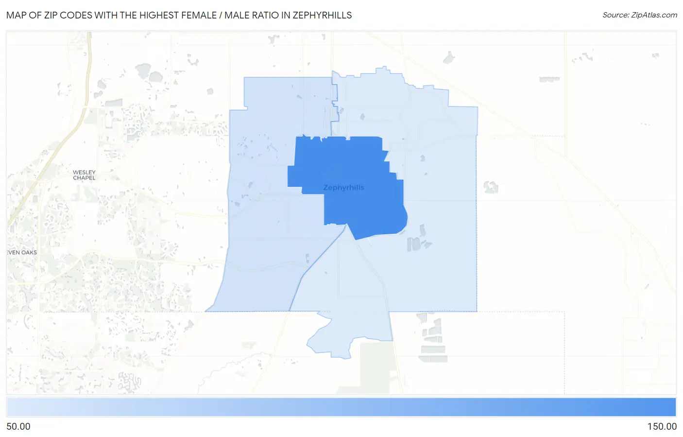 Zip Codes with the Highest Female / Male Ratio in Zephyrhills Map