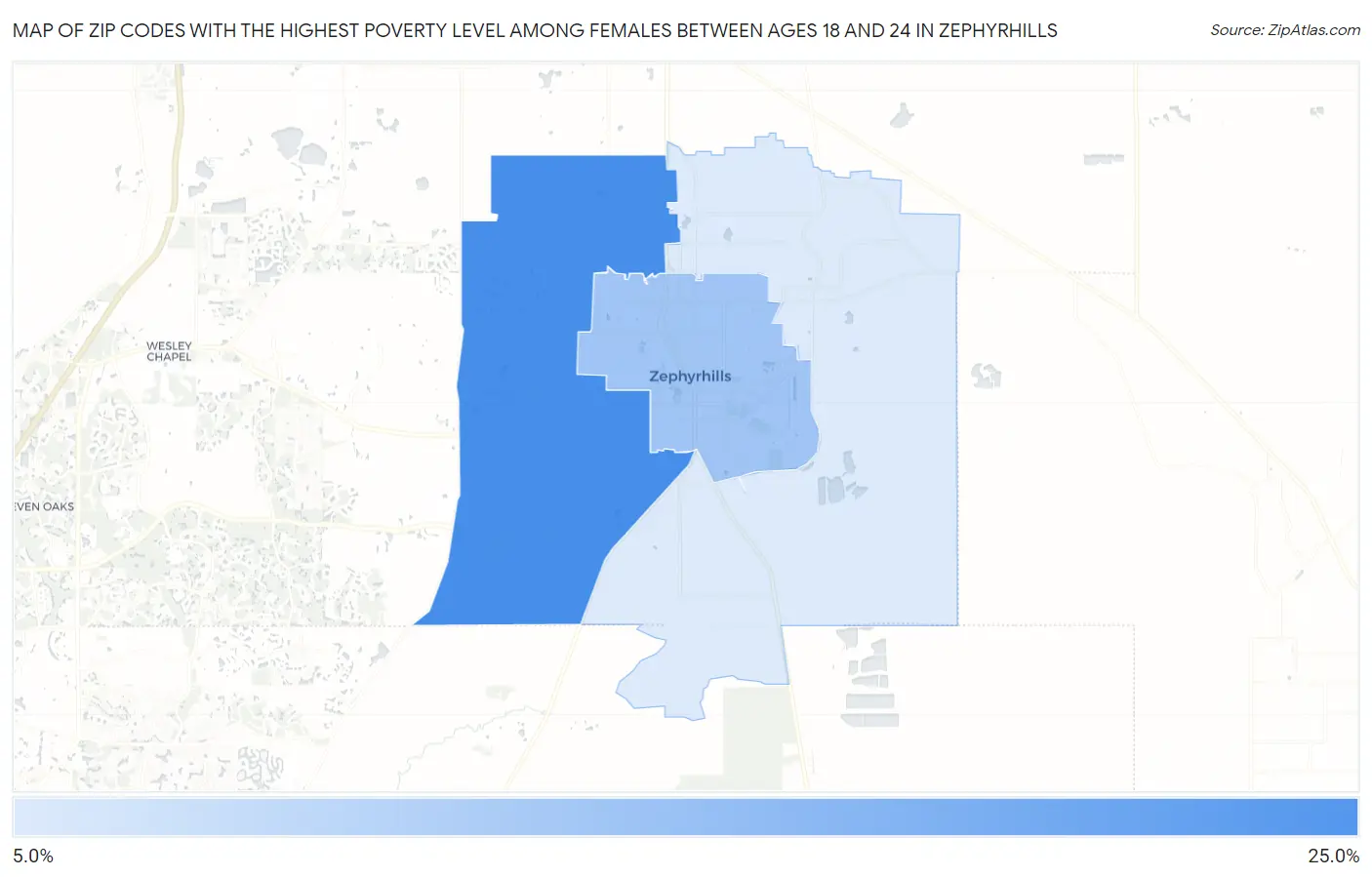 Zip Codes with the Highest Poverty Level Among Females Between Ages 18 and 24 in Zephyrhills Map