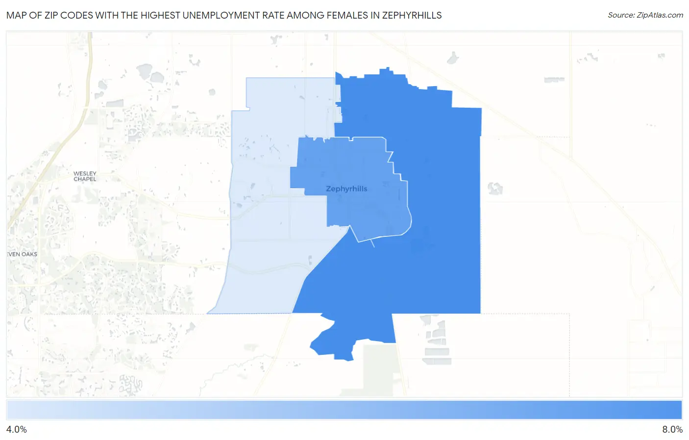 Zip Codes with the Highest Unemployment Rate Among Females in Zephyrhills Map