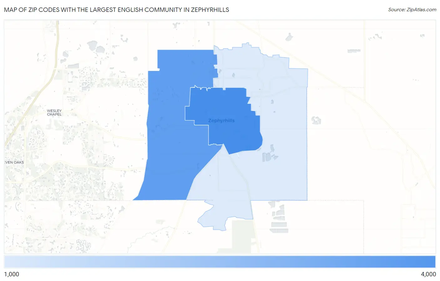 Zip Codes with the Largest English Community in Zephyrhills Map