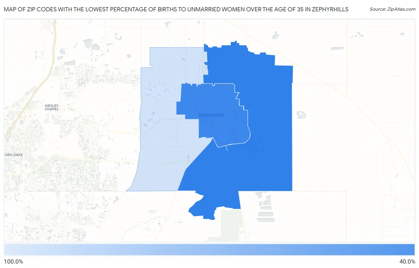 Zip Codes with the Lowest Percentage of Births to Unmarried Women over the Age of 35 in Zephyrhills Map