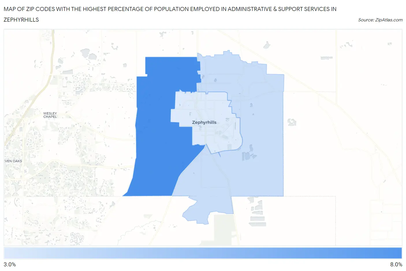 Zip Codes with the Highest Percentage of Population Employed in Administrative & Support Services in Zephyrhills Map
