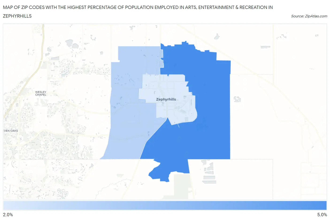 Zip Codes with the Highest Percentage of Population Employed in Arts, Entertainment & Recreation in Zephyrhills Map