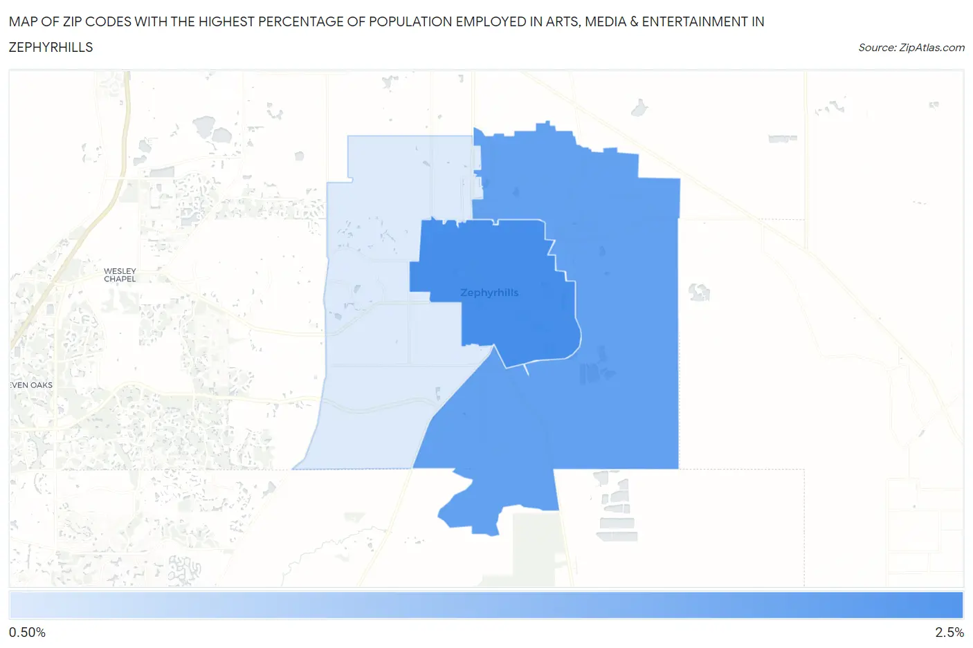 Zip Codes with the Highest Percentage of Population Employed in Arts, Media & Entertainment in Zephyrhills Map