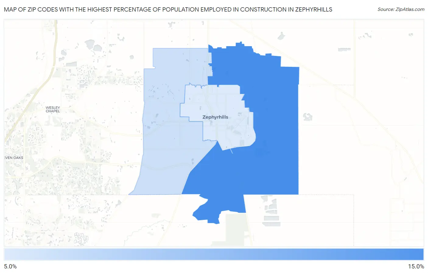 Zip Codes with the Highest Percentage of Population Employed in Construction in Zephyrhills Map