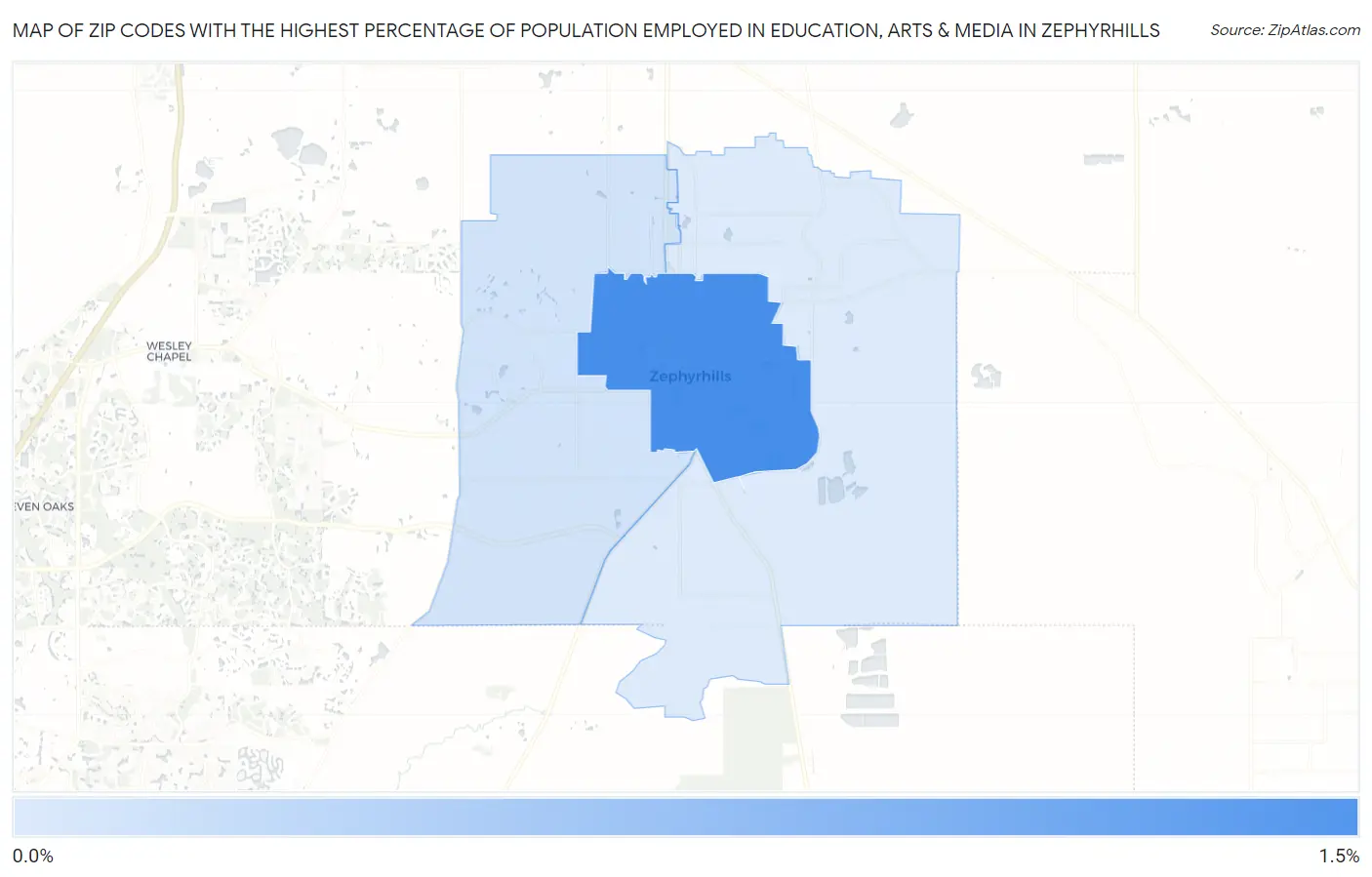 Zip Codes with the Highest Percentage of Population Employed in Education, Arts & Media in Zephyrhills Map