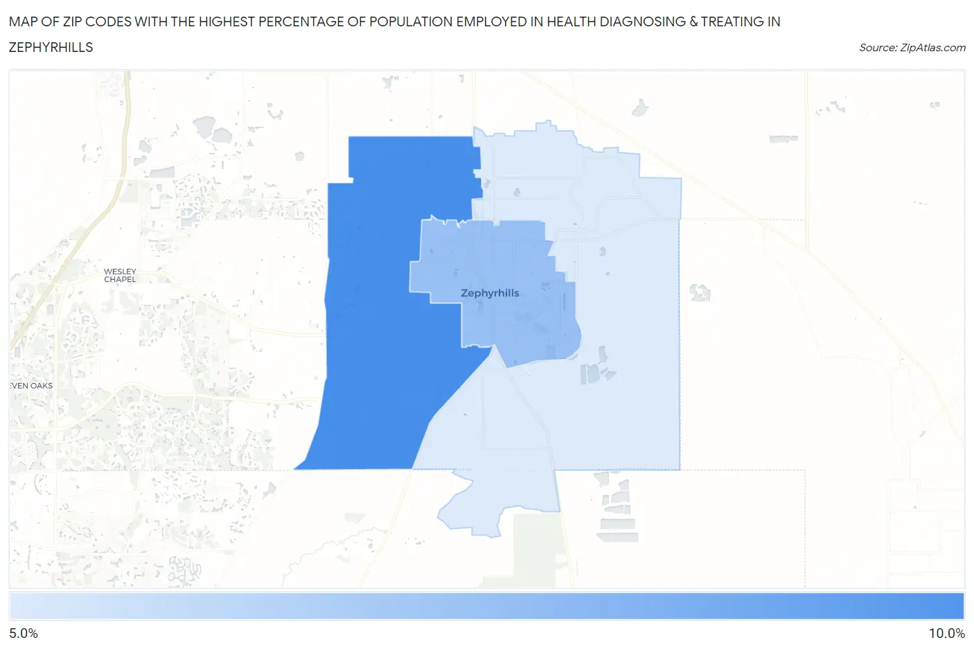 Zip Codes with the Highest Percentage of Population Employed in Health Diagnosing & Treating in Zephyrhills Map