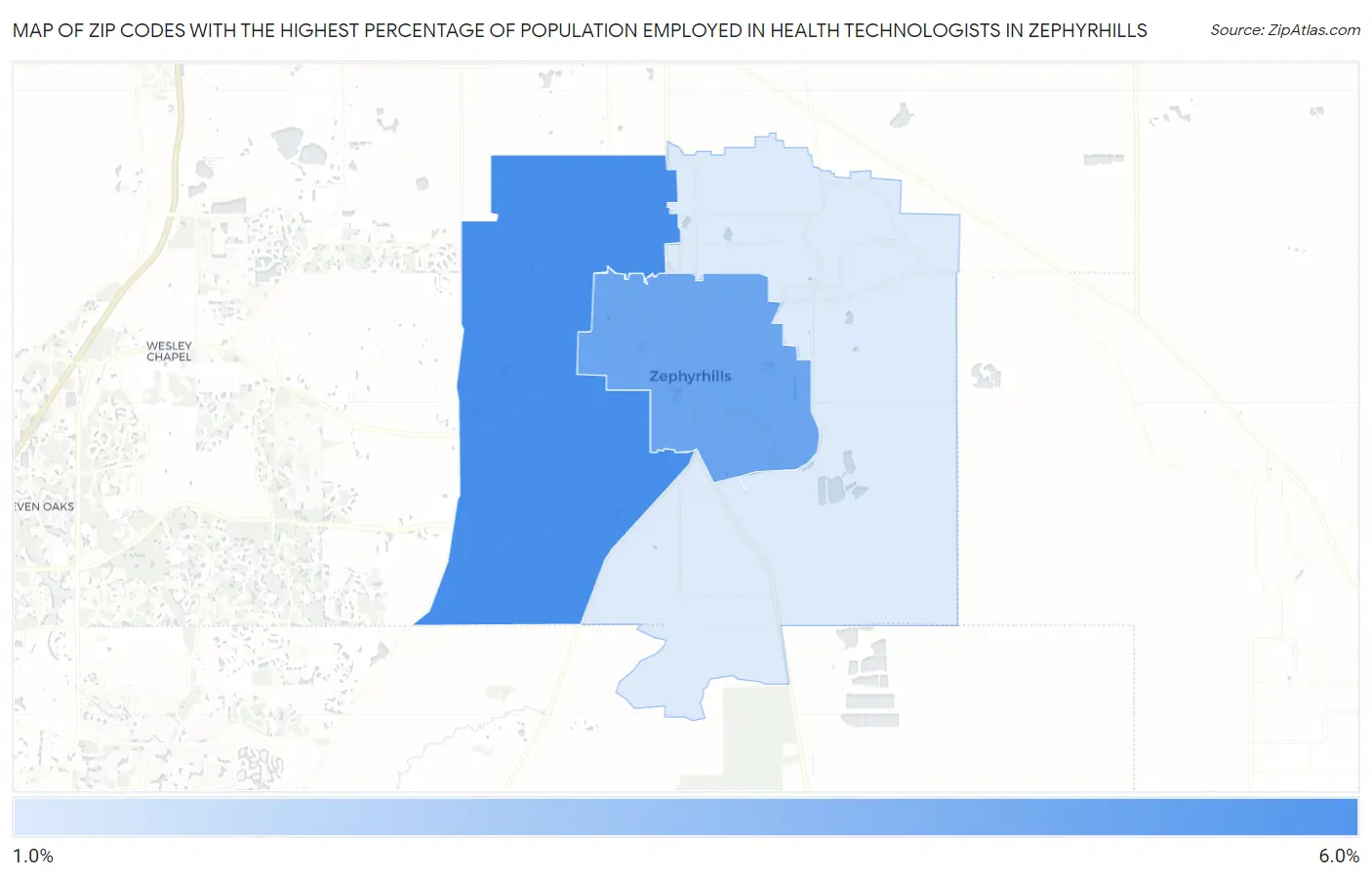 Zip Codes with the Highest Percentage of Population Employed in Health Technologists in Zephyrhills Map