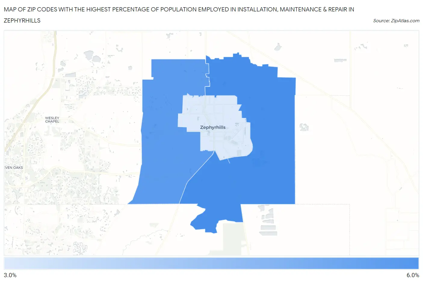 Zip Codes with the Highest Percentage of Population Employed in Installation, Maintenance & Repair in Zephyrhills Map