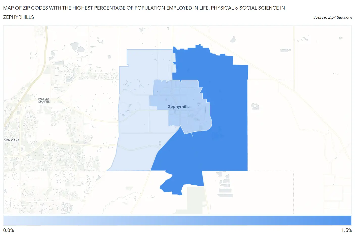 Zip Codes with the Highest Percentage of Population Employed in Life, Physical & Social Science in Zephyrhills Map