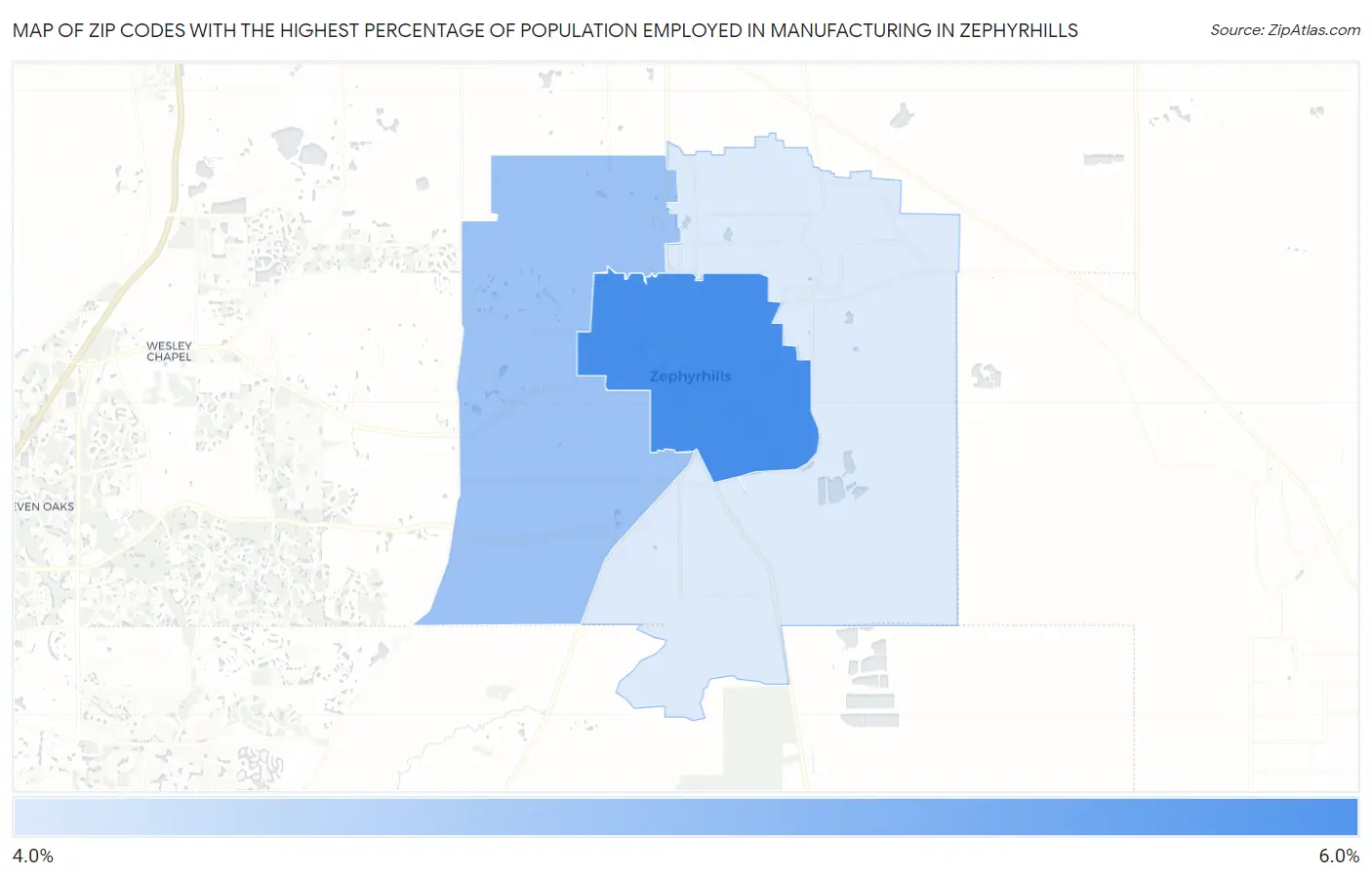 Zip Codes with the Highest Percentage of Population Employed in Manufacturing in Zephyrhills Map
