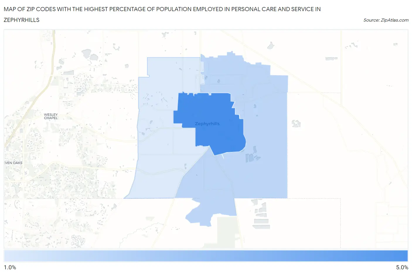 Zip Codes with the Highest Percentage of Population Employed in Personal Care and Service in Zephyrhills Map