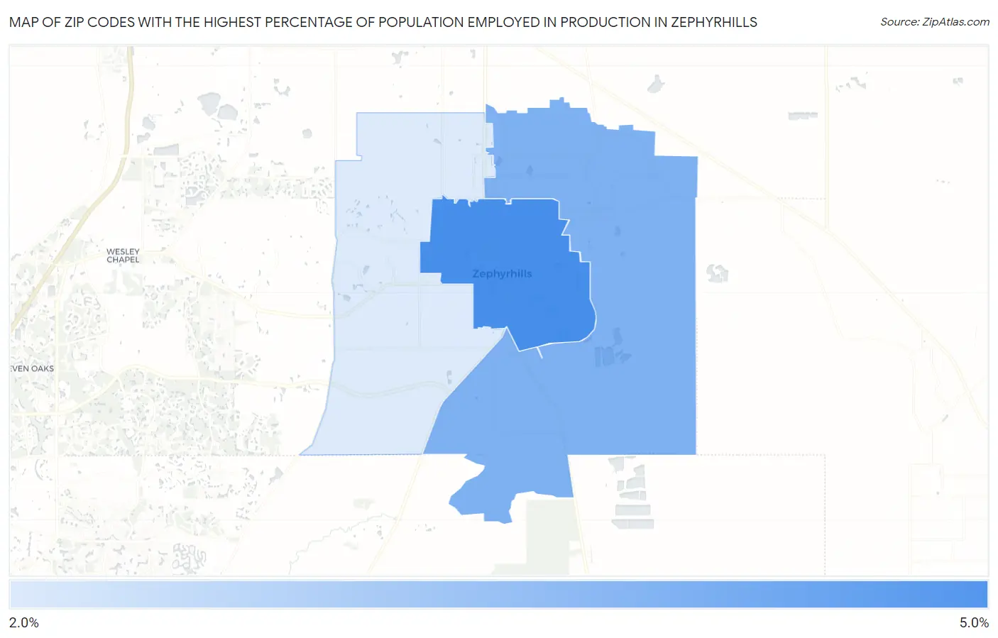 Zip Codes with the Highest Percentage of Population Employed in Production in Zephyrhills Map