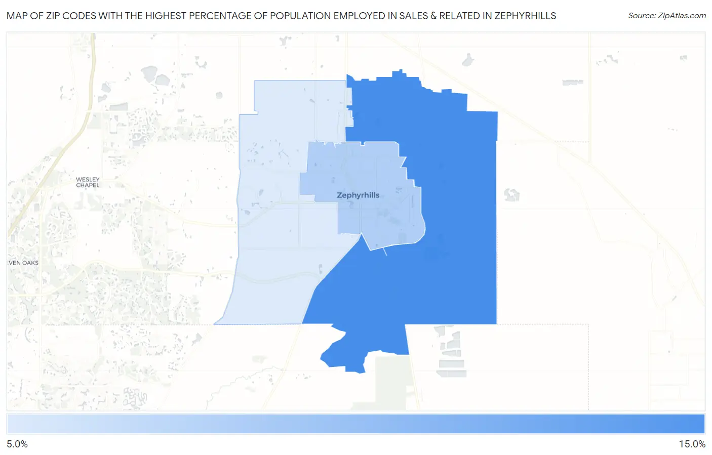 Zip Codes with the Highest Percentage of Population Employed in Sales & Related in Zephyrhills Map