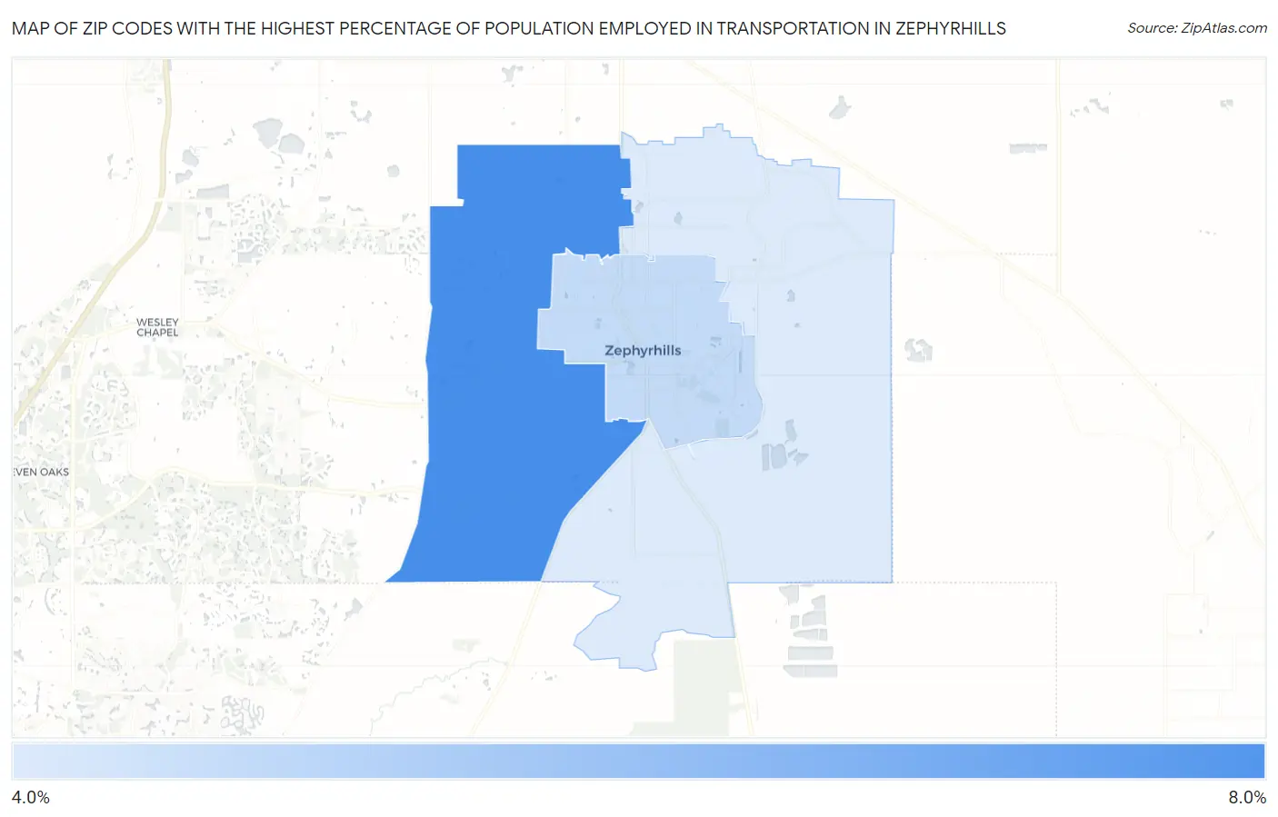 Zip Codes with the Highest Percentage of Population Employed in Transportation in Zephyrhills Map