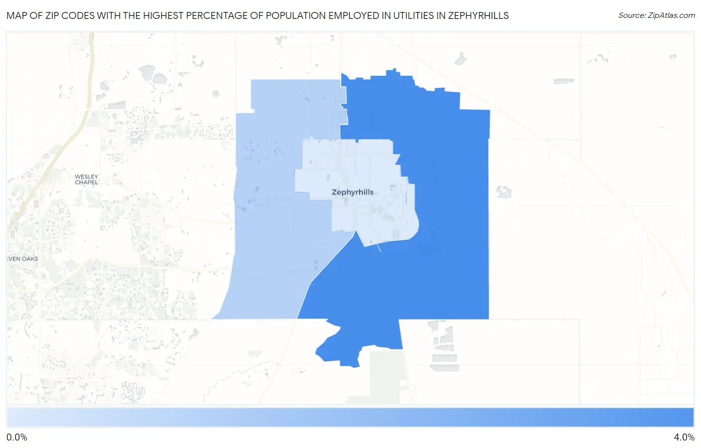 Zip Codes with the Highest Percentage of Population Employed in Utilities in Zephyrhills Map