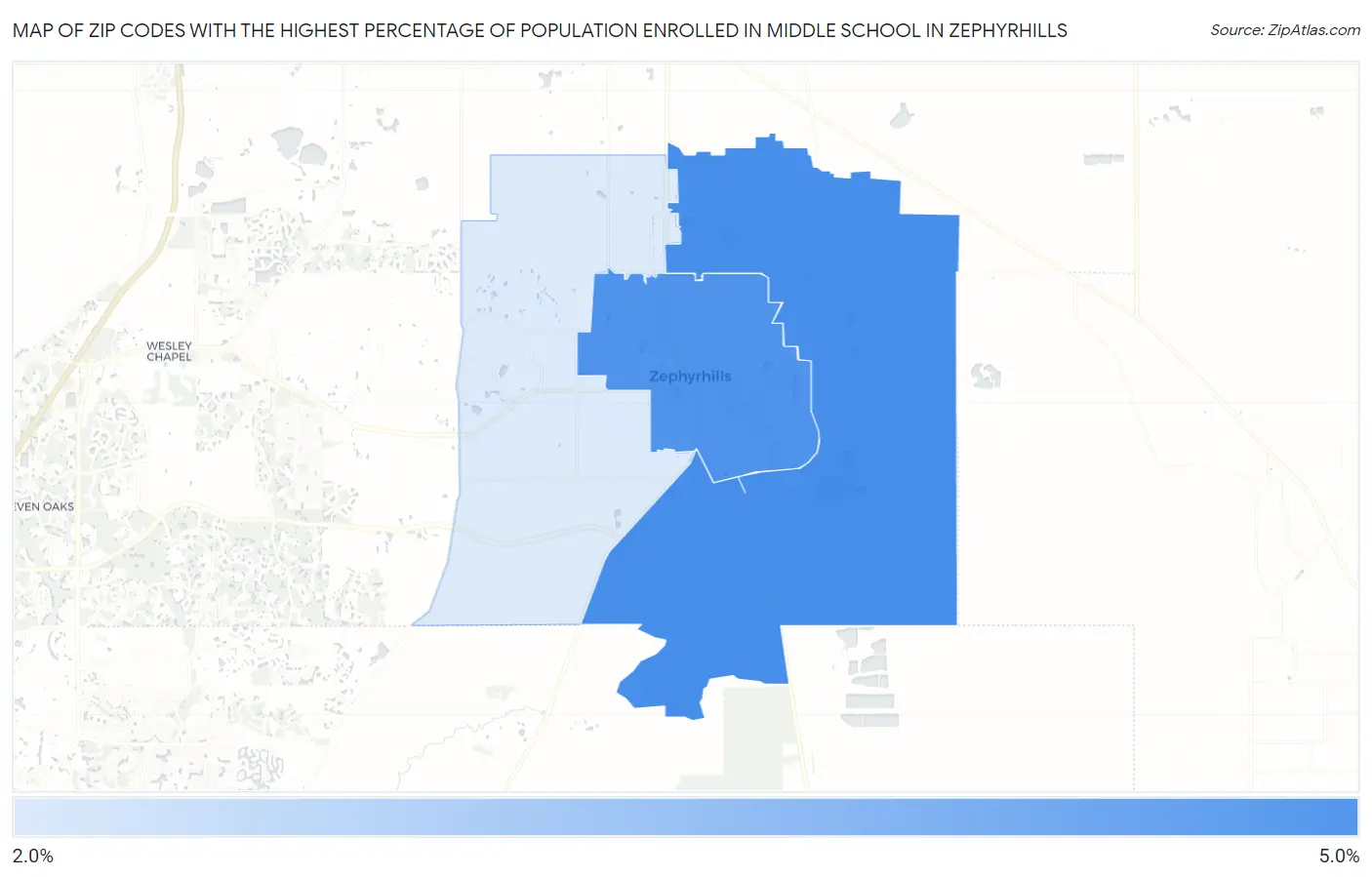 Zip Codes with the Highest Percentage of Population Enrolled in Middle School in Zephyrhills Map