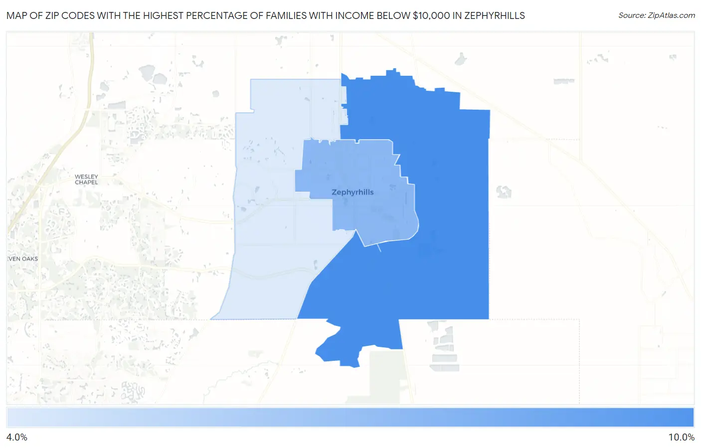 Zip Codes with the Highest Percentage of Families with Income Below $10,000 in Zephyrhills Map