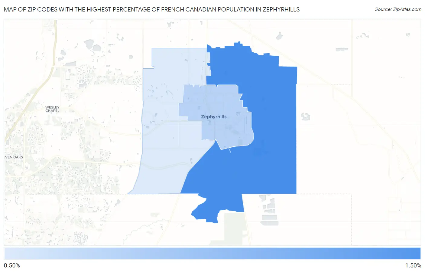 Zip Codes with the Highest Percentage of French Canadian Population in Zephyrhills Map