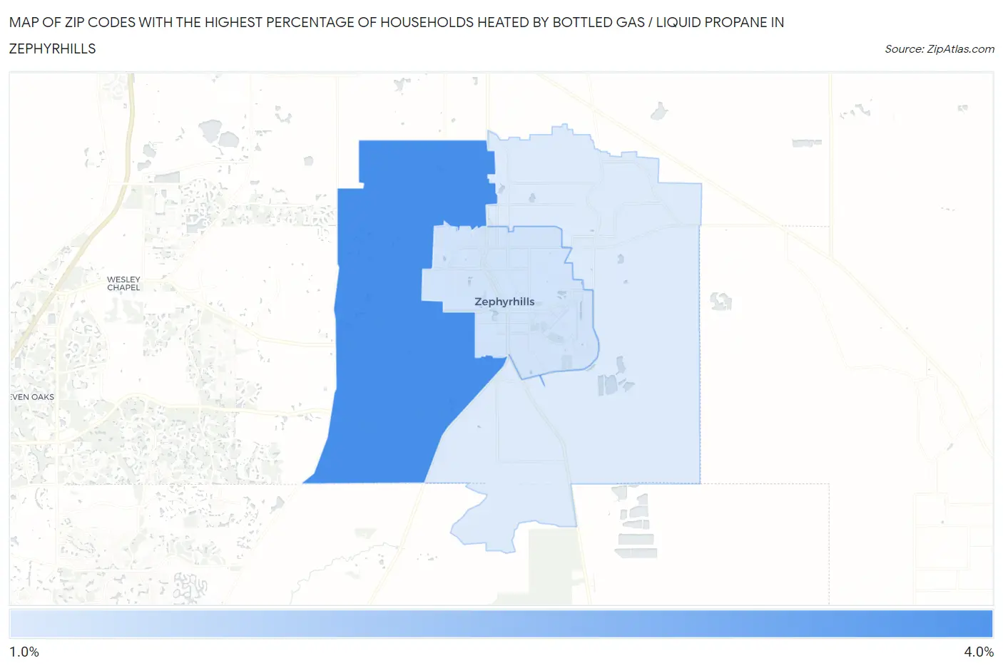 Zip Codes with the Highest Percentage of Households Heated by Bottled Gas / Liquid Propane in Zephyrhills Map