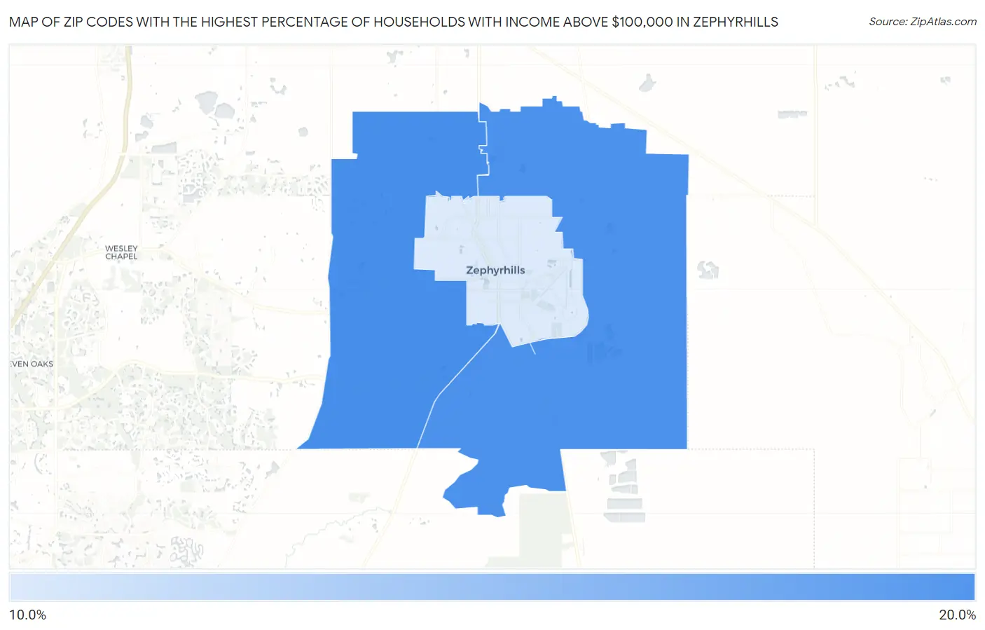 Zip Codes with the Highest Percentage of Households with Income Above $100,000 in Zephyrhills Map