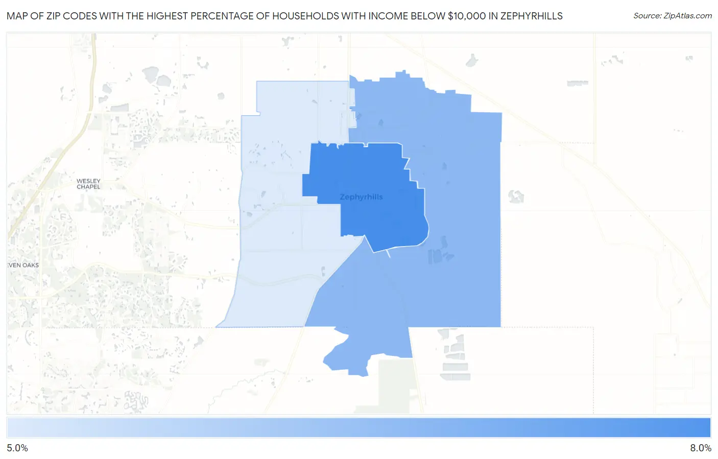 Zip Codes with the Highest Percentage of Households with Income Below $10,000 in Zephyrhills Map