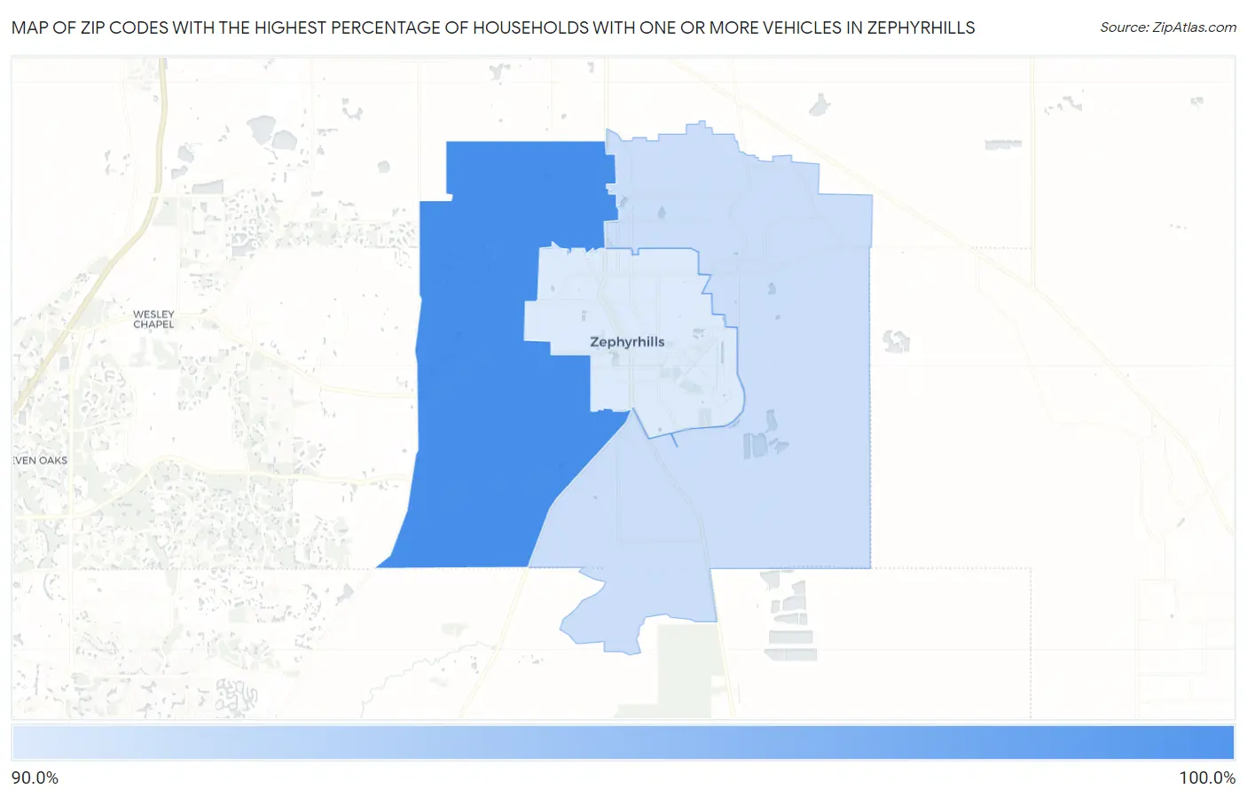 Zip Codes with the Highest Percentage of Households With One or more Vehicles in Zephyrhills Map